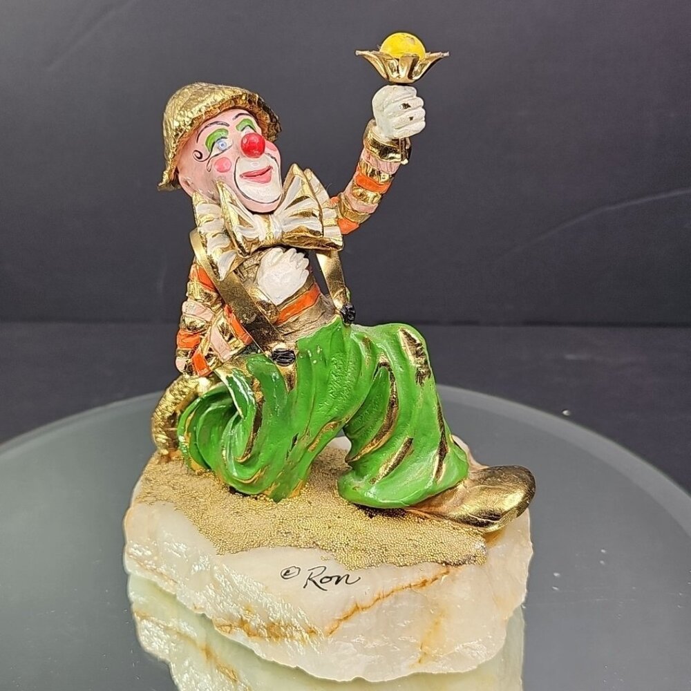 Vintage Ron Lee Signed Hobo Clown Holding Flower Figurine Brass And Enamel